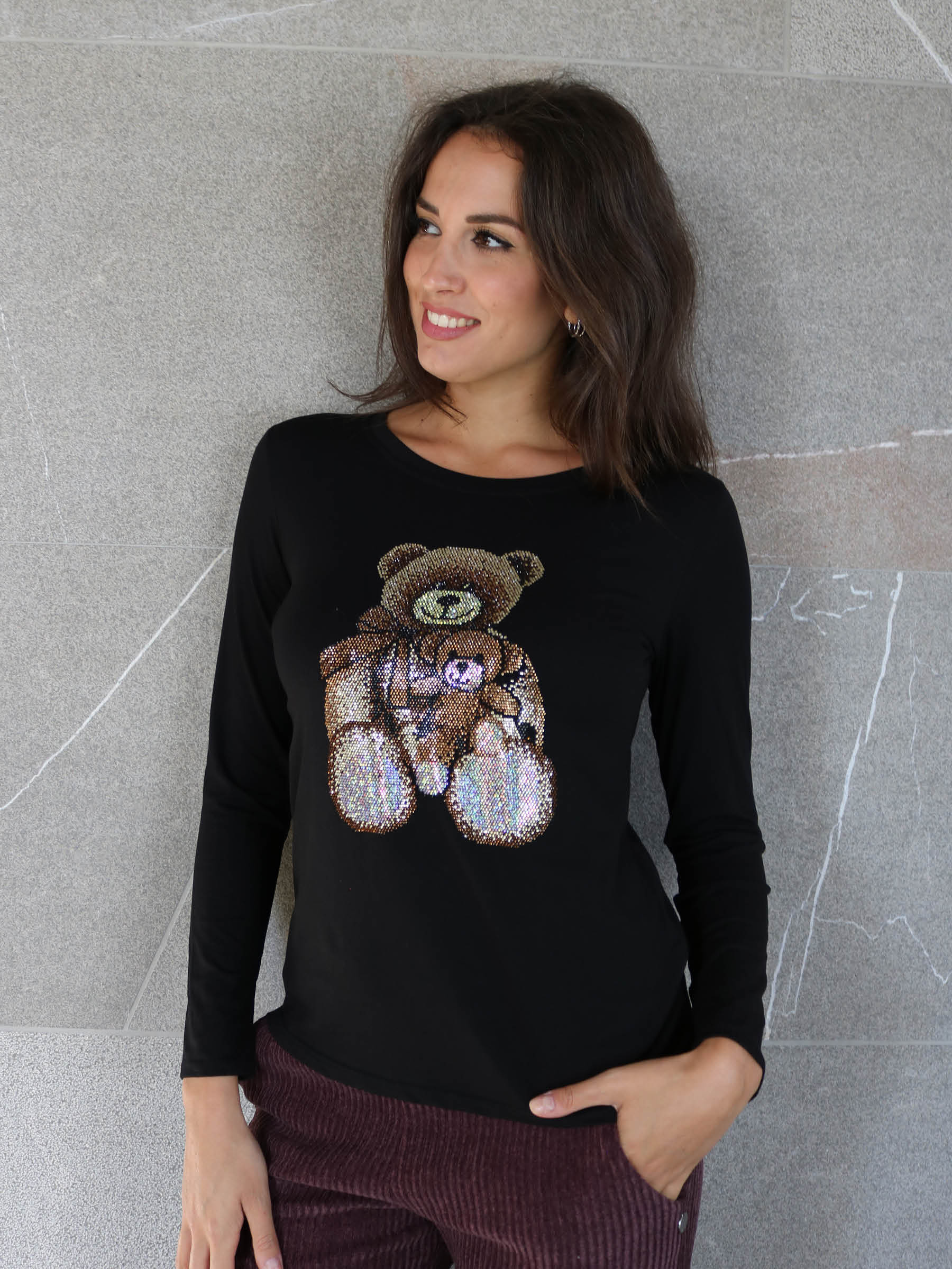 T-SHIRT MANICA LUNGA STAMPA ORSETTI STRASS